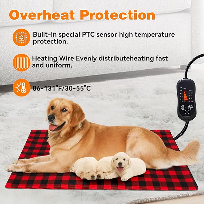 Pet Heating Pad, Adjustable Temperature Heated Dog Bed with Timer, Outdoor Waterproof Pad with Anti-Chew Cord, Overheat Protection Warming Mat for Small Medium and Large Dogs (L:23.6"x35.4")