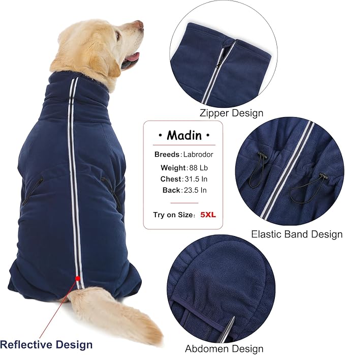 Dog Winter Coat for Large Medium Small Dogs, Warm Fleece High Collar Full Body Dog Jumpsuit Comfortable Onesie Apparel (Dark Blue, 4X-Large)