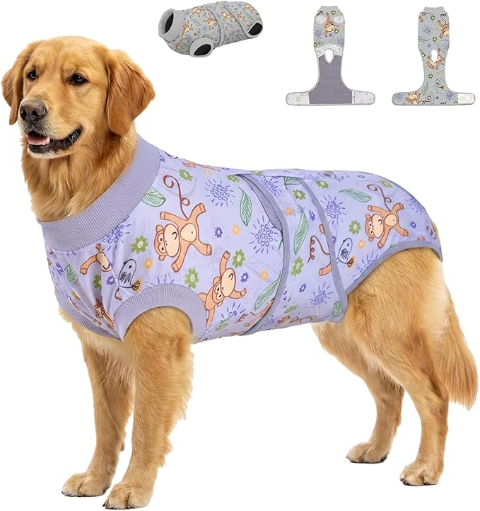 PetWarm Recovery Suit for Dogs, Dog Surgical Recovery Suit Female and Male, Dog Onesie for Surgery, Anti-Licking Dog Surgery Recovery Suit, Monkey Pattern, Grey, 2XL