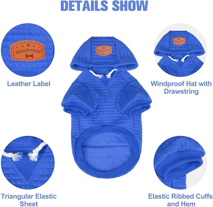 BEAUTYZOO Medium Dog Hoodie Sweater with Pockets, Dog Clothes for Small Medium Dogs Boy Girl, Waffle-Like Laminated Cotton Pet Coats with Hat and Leash Hole, Blue XL