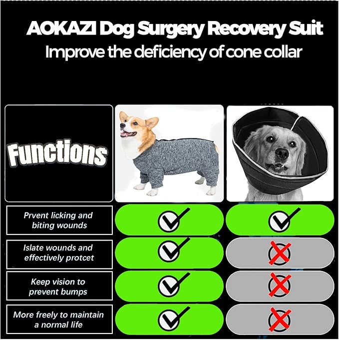 Dog Surgery Recovery Suit, Puppy Cat Onesie for Shedding Skin Disease Wound Protection, Medical Pet Surgical Suit w/Long Sleeve, Dog Pajamas (Black Grey, X-Small)