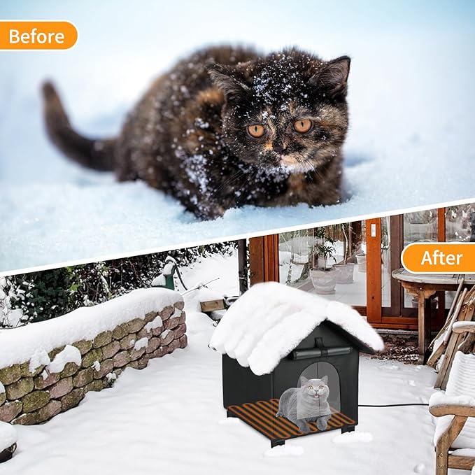 Heated Cat Houses in Winter Waterproof, Elevated Heated Outdoor Cat House Insulated Outside Feral Cat House Shelter with Escape Door for Cats or Small Dogs (Black, Small (13.4"x16.9"x18.5"))