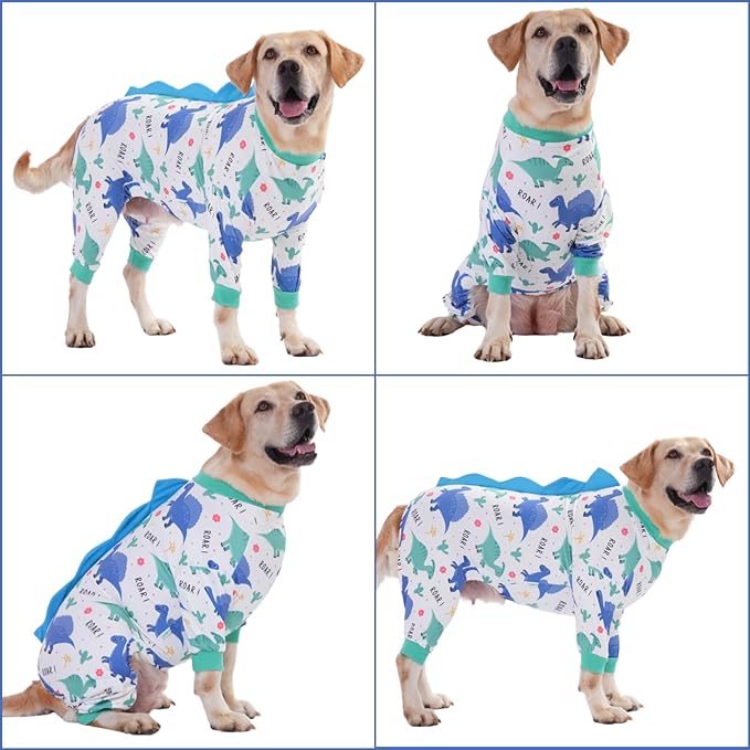 LovinPet Large Dog Pajamas, Four-Leg Stretch Onesie Bodysuit, Lightweight UV-Shielding Pajamas, Anti-Lick Calming Recovery Suit for Surgery, Pull-On for Medium and Large Breeds,White Blue,XXL