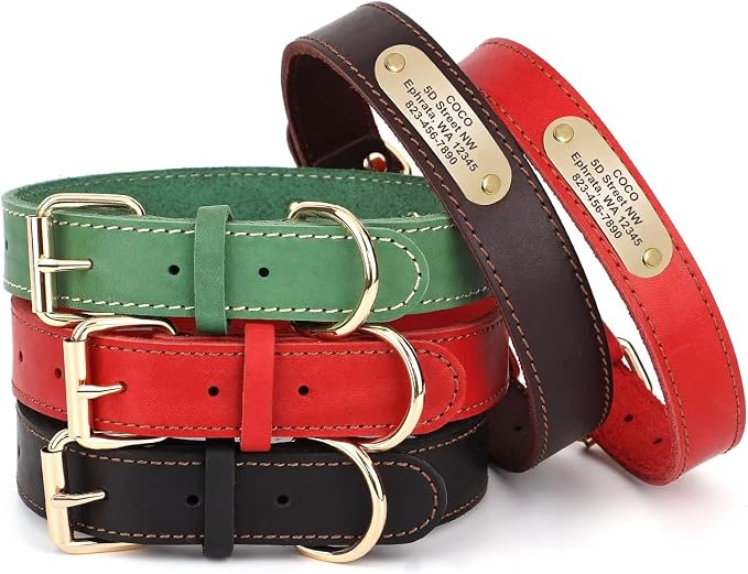 Personalized Genuine Leather Dog Collar with Name & Phone Number-Red-L