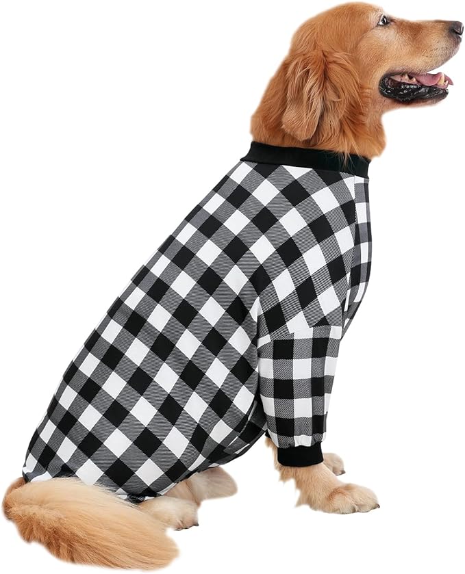 HDE Dog Pajamas One Piece Jammies Jumpsuit Pet Clothes Outfit Stretchy Lightweight Comfy Shirt Pjs for M-3XL Dogs Black & White Buffalo Plaid - 3XL
