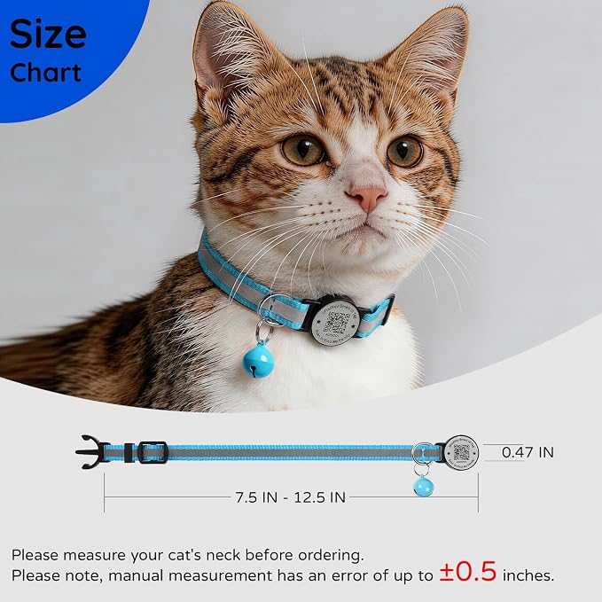Breakaway Cat Collar QR Code, Reflective Bell, Adjustable Kitten, Blue