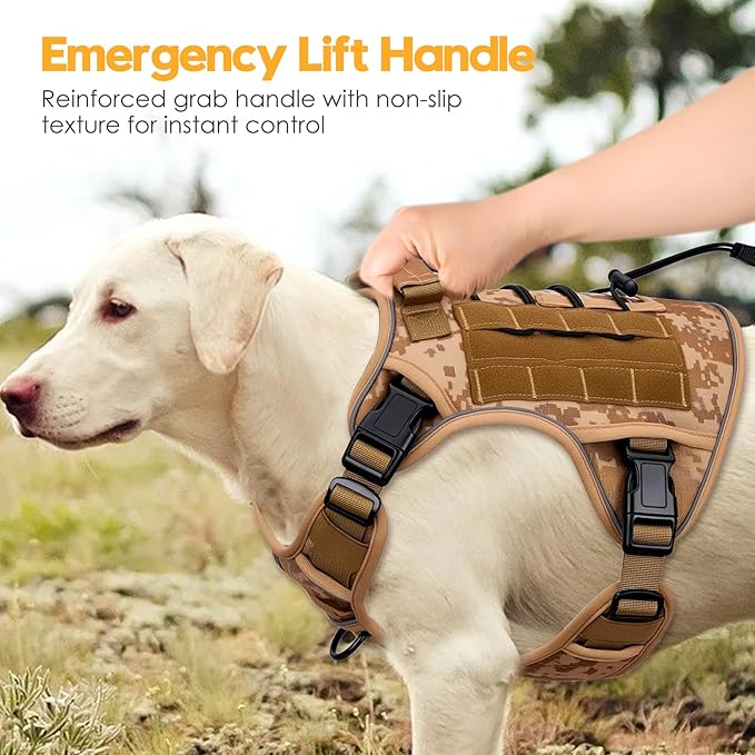 Heavy-Duty Tactical Dog Harness for Large Dogs, No Pull Adjustable Reflective Pet Vest with Molle System, K9 Military-Grade Control for Service Training, Outdoor & 10+ Breeds, Khaki Camo, Large