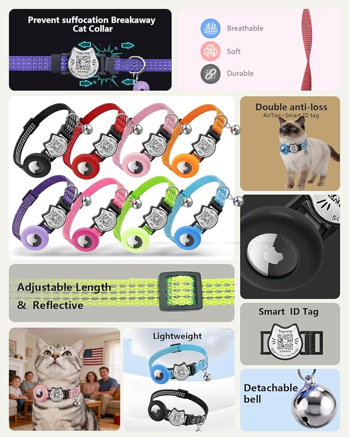Cat Collar with AirTag Holder, QR Code Tag and Bell (Blue)
