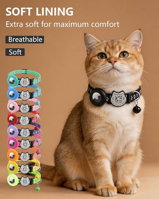 Cat Collar with AirTag Holder, QR Code Tag and Bell (Green, Paw Pattern)