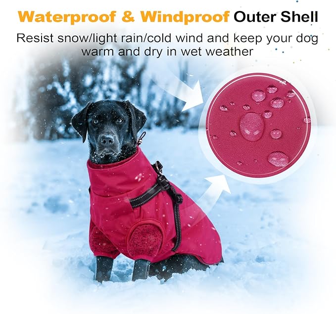 Lelepet Dog Coat 3 in 1 Waterproof Dog Winter Jacket with Harness Built in Windproof Snow Jakcet with Detachable Fleece Sweater Lining Reflective Thermal Cold Weather Coats for Small Medium Large Dogs
