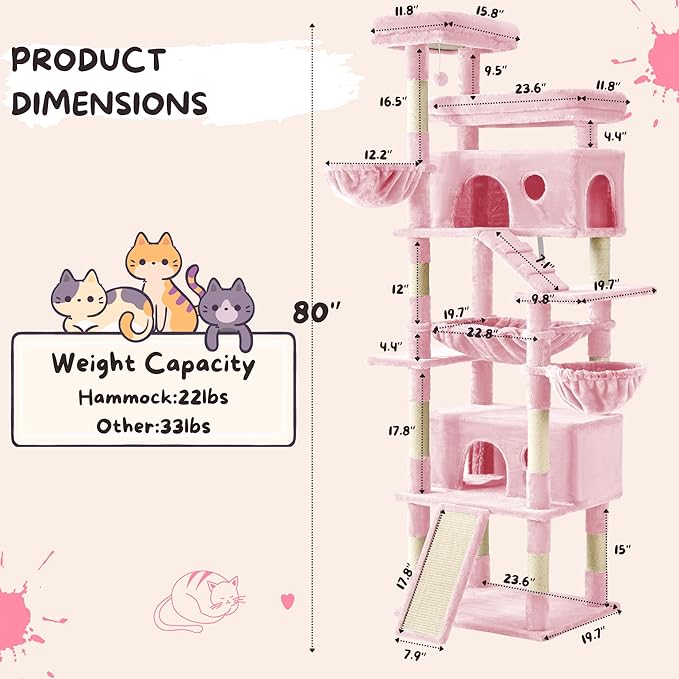 PurrFest Cat Tree,80-Inch Large Cat Tower with 9 Scratching Posts, 2 Perches, 2 Caves, 2 Basket, 2 Stairs,Extra Large Hammock, Pompoms, Multi-Level Plush Cat Condo for Indoor Cats (Pink)