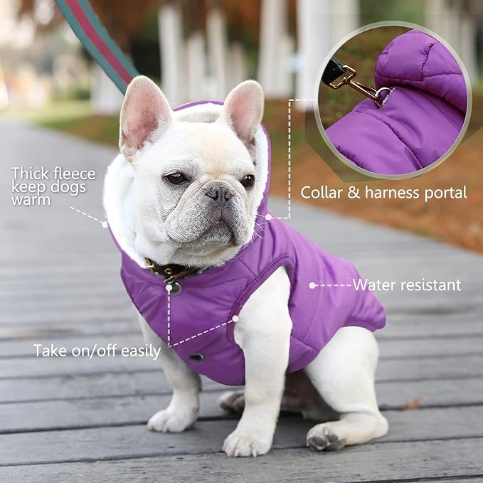 Fleece Hoodie for Dogs - Windproof Waterproof Coat, Winter Warm Jacket, Cold Weather Pet Apparel Clothes Vest for Small Medium Dogs (S, Purple)