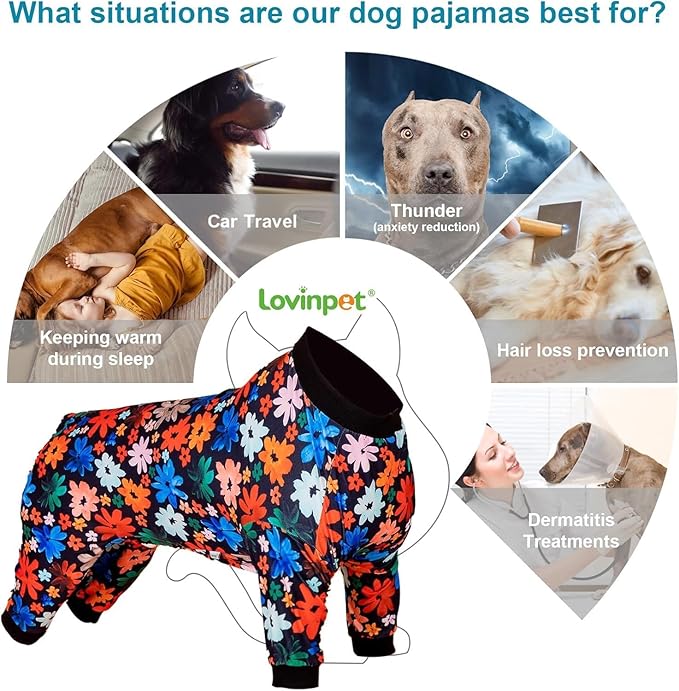 LovinPet Large Dog Clothes, Anti Licking Shirt, Wound Care Dog PJS, Stretchy Skin-Friendly Fabric, Wild Daisy Black Print, Pitbull Clothes, Pajamas for Pitbulls, 3XL
