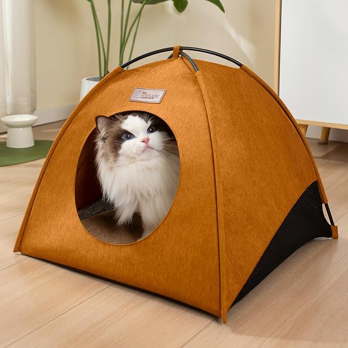 VERABE Cat Tent, Waterproof Indoor Outdoor Cat House Bed with Removable Cushion - All-Season Assembly-Free Cozy Cave for Cats &Small Dogs (Small, Yellow-Brown)
