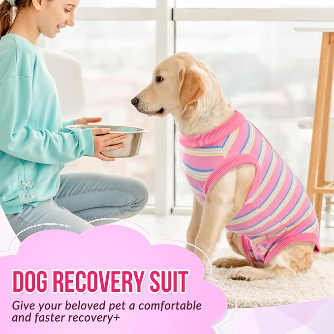 Lukovee Recovery Suit for Dogs, Onesie Surgery Recovery Suit for Female Male Dogs, Abdominal Wounds Cone E-Collar Alternative Prevent Licking Spay Recovery Suit (Pink Stripes,L)