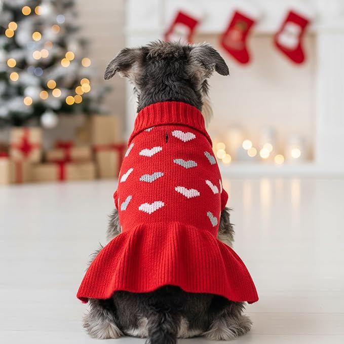 Dog Sweater Dress Heart Red Turtleneck Knit Dress for Small Dogs 9-15 lbs Valentine Winter Pullover with Leash Hole for Wedding Mothers Day Valentine's Day
