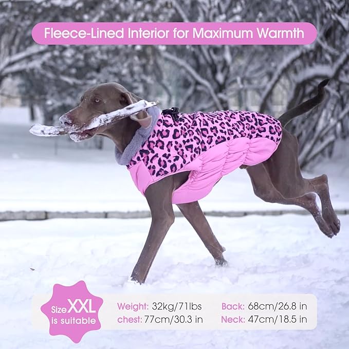 FUAMEY Dog Coat for Medium Dogs,Waterproof Dog Winter Jacket with Harness Built in Puppy Cold Weather Coats Reflective Pet Vest with Zipper Warm Fleece Dogs Snowsuit Windproof Pink Leopard M