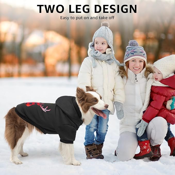 SCENEREAL Christmas Dog Hoodie with Leash Hole, Warm & Soft Fleece Pet Sweater & Sweatshirt for Small Medium Large Dogs, Xmas Elk Print Pets Clothes Cold Weather Costume, XL