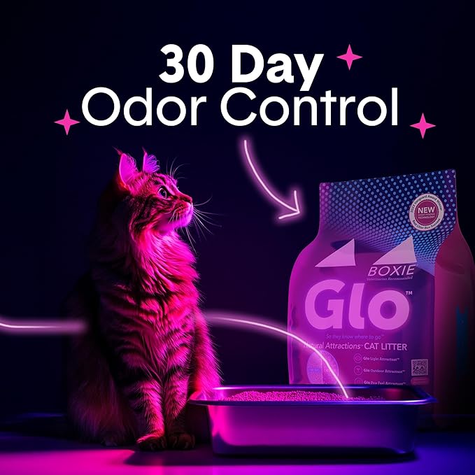 Boxie Glo Clumping Clay 30 Day Odor Control Cat Litter, 99.9% Dust-Free, Low Tracking, UV Light Attractant, 40 lb