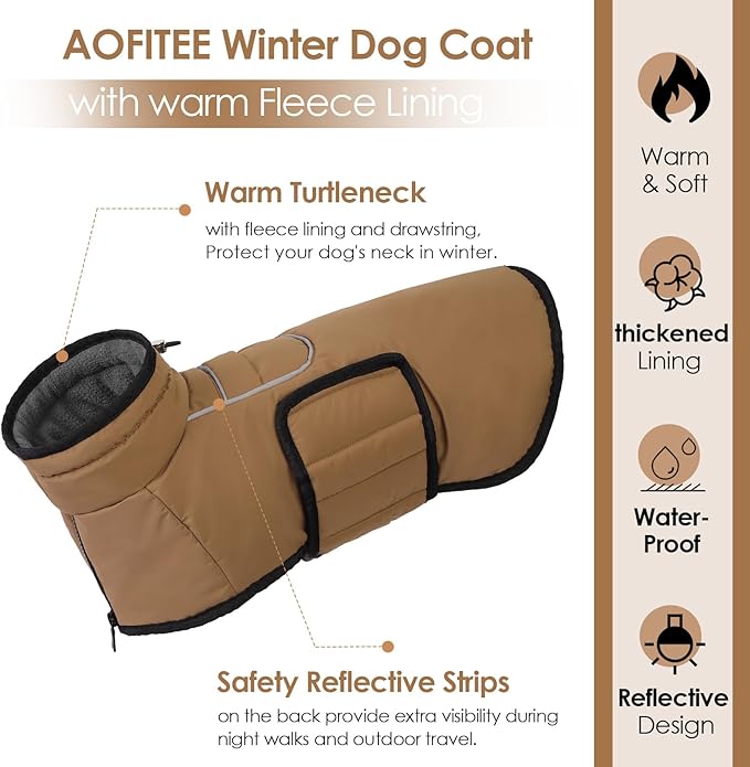 AOFITEE Large Dog Winter Coat, Waterproof Jacket with Harness Hole, Warm Fleece Puffer Jacket for Large Dogs, Reflective Windproof Snowsuit for Dogs, Dachshund, French Bulldog, L