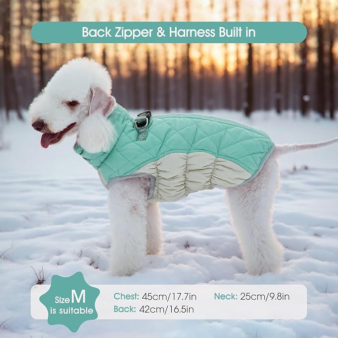 FUAMEY Dog Coat for Medium Dogs,Waterproof Dog Winter Jacket with Harness Built in Puppy Cold Weather Coats Reflective Pet Vest with Zipper Warm Fleece Dogs Snowsuit Windproof Mint Green M