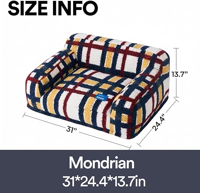 ZEZE Vintage Furniture Style Sofa Pet Bed - Washable Plush Dog & Cat Couch, Retro Style Pet Furniture, Soft Cozy Support for Pets (Medium, Mondrian Check Pattern)