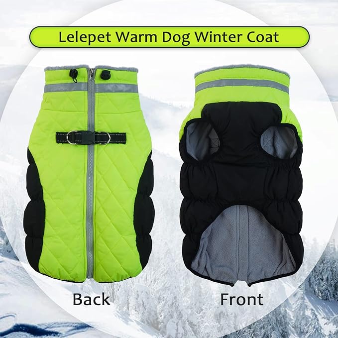 Lelepet Dog Coat Warm Dog Winter Coat Waterproof Dogs Jacket with Harness Built in Reflective Pet Fleece Vest Zip-Up Cold Weather Coats for Medium Dogs Turtleneck & Windproof Coats Dachshund Lime M
