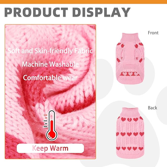 KOOLTAIL Valentine's Day Dog Sweater Turtleneck, Cold Weather Pullover Classic Knitwear, Heart Pattern Thick Warm Winter Pet Clothes, Cable Knit Sweater for Small Medium Large Dogs Girl Boy, Pink M