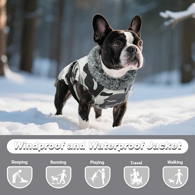 DENTRUN Large Dog Winter Coat - Windproof Reflective Warm Coat, Adjustable Neck & Snap Closure, Water Repellent Thick Fleece Vest, Fleece Lined for for Golden Retriever, White Camo, XL