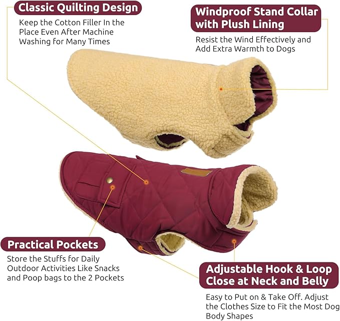 Queenmore Dog Winter Coat Warm Puffer Jacket Waterproof Plush Lining Thermal Cold Weather Vest for Small Medium Large Dogs, Windproof Easy On Pet Jacket Burgundy S