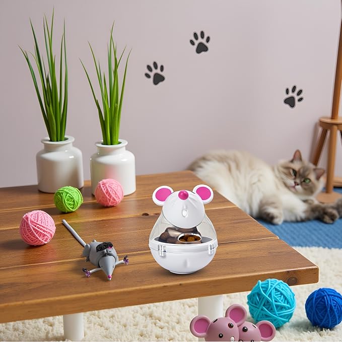 Beige Interactive Toys for Cats, Play Cat Toy Pet Cat Kitten Mouse Shape Treat Holder Food Storage Dispenser Chew Play Toy for Indoor and Kitten Exercise Mice and Animals Toys