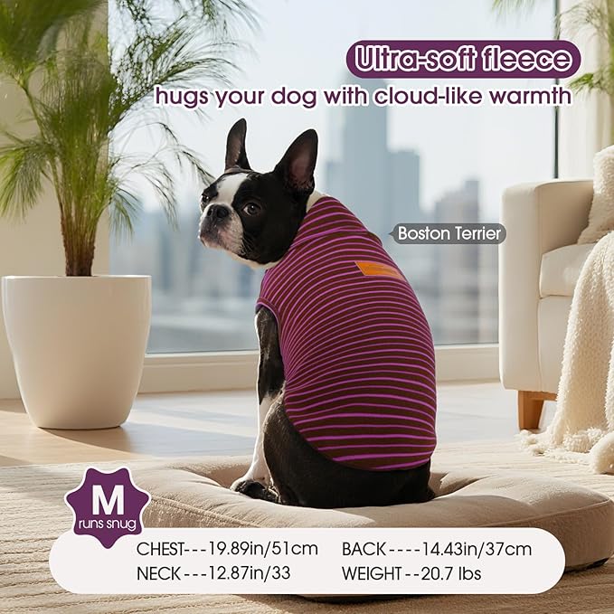 FUAMEY 2 Pack Dog Fleece Vest for Small Dogs,Maltese Chihuahua Stretchy Dog Sweatshirts Warm Dogs Pullover Winter Pet Sweaters with Leash Hole Puppy Turtleneck Sleeveless Purple Stripes S