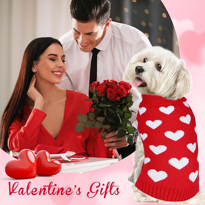 Valentine Dog Sweater Dog Valentines Clothes Outfit Knitted Dog Heart Sweater for Small Medium Large Dogs Pets (Red, Small)