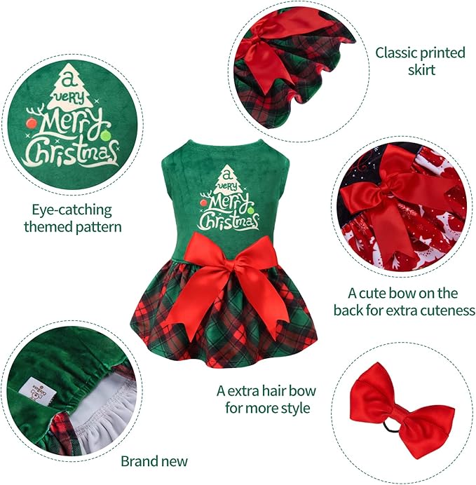CuteBone Christmas Tree Dog Dress Velvet for Small Dogs Girl Puppy Dresses Green Plaid Dog Clothes CVA05XS-D
