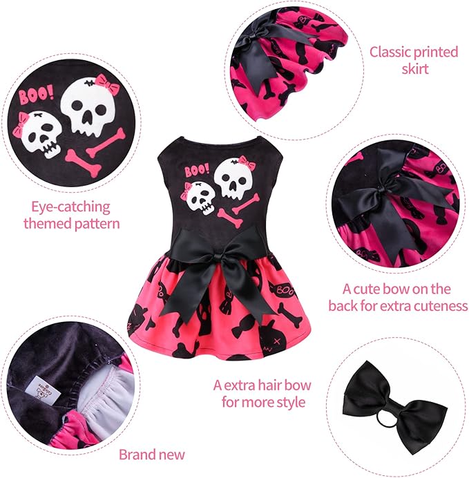 CuteBone Halloween Skulls Dog Dress Velvet for Small Dogs Girl Puppy Dresses Pink Dog Clothes CVA02L-D