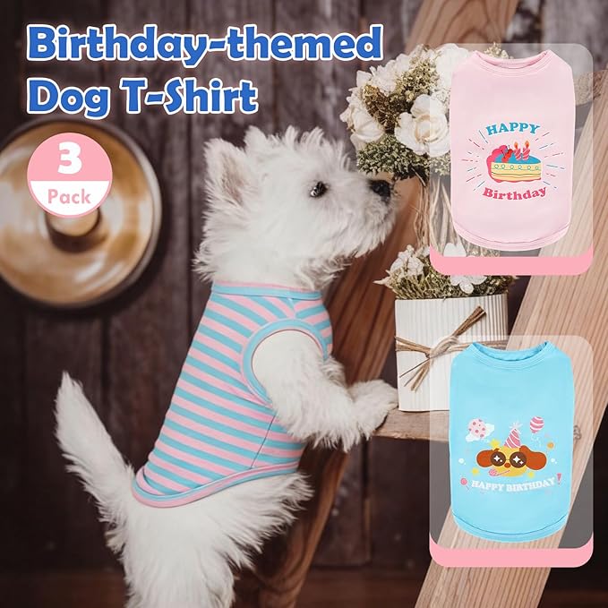 3 Pack Birthday Dog Shirts for Small Dogs,Print T-Shirt,Lightweight Sleeveless Vest,Soft Breathable & Lightweight for Daily Wear,Festival Party Funny Outfits (Pink & Blue,S)
