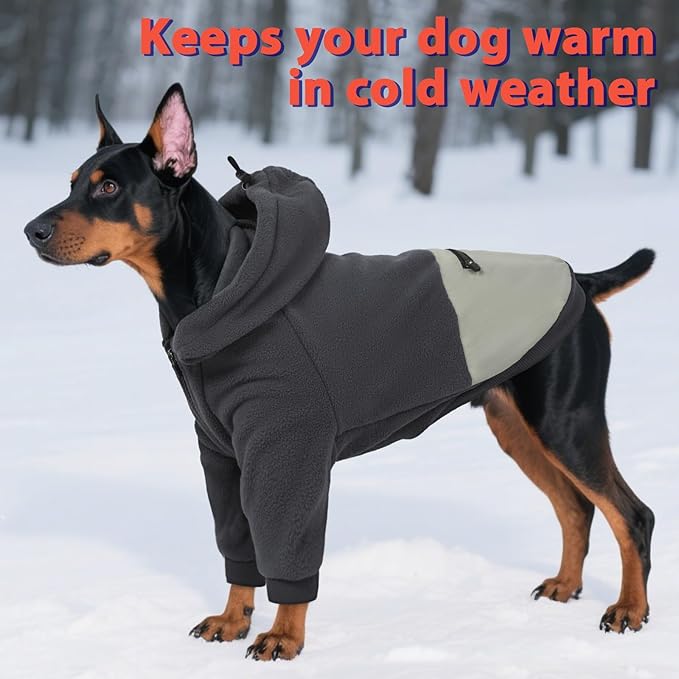 Dog Hoodie for Large Dogs, Fleece Sweatshirt with Pocket Long Sleeves Adjustable Zip, Warm Jacket Boy Girl for Bulldog Pug, Cold Weather Christmas Holiday Indoor Outdoor, Grey, XL