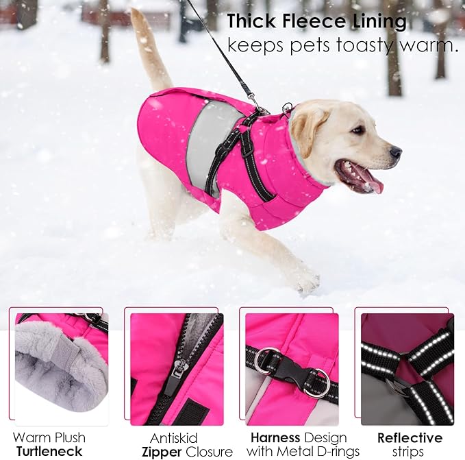 AOFITEE Dog Coat, Large Dog Jacket, Dogs Coat with Harness Built in, Reflective Waterproof Dogs Jackets Winter with Furry Collar, Warm Polar Fleece Pet Sweater Snowsuit for Doberman, Great Dane, XXL