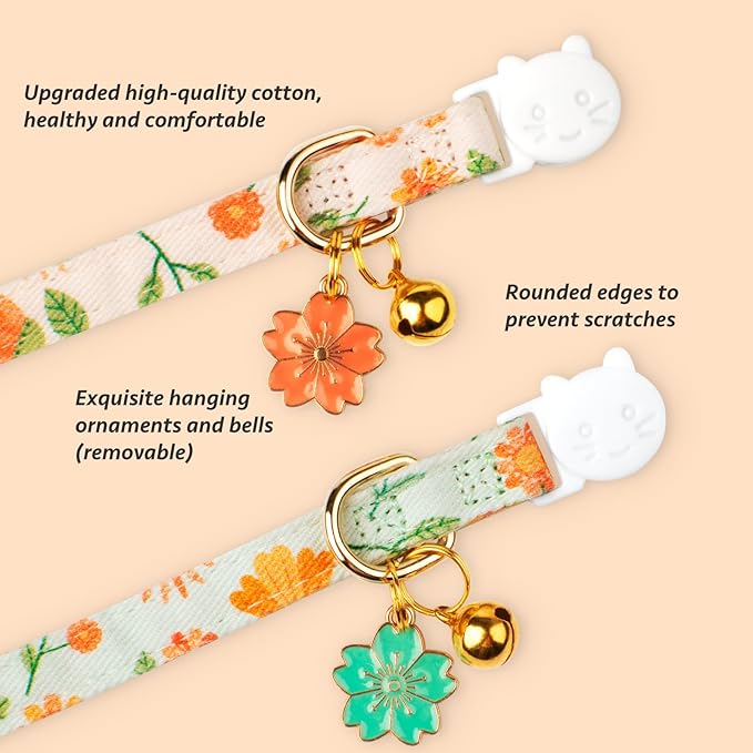 2 Pack Cotton Breakaway Cat Collar Beige and Green Flowers Pendant Cute Kitten Cat Collar with Bell