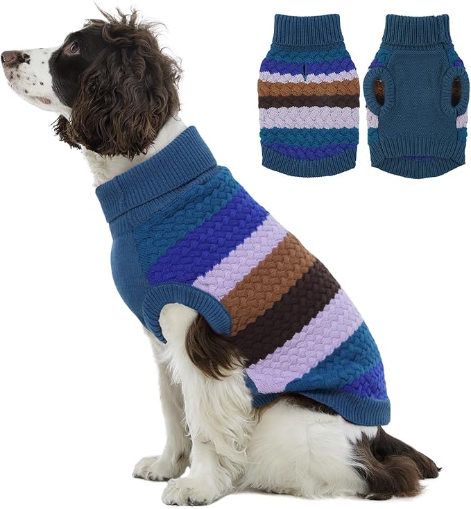 Kuoser Dog Sweater, Thermal Knitted Winter Clothes for Large Dogs, Dog Christmas Sweater Turtleneck Knitwear for Fall Winter, Warm Sweaters for Dogs, Puppy Holiday Pullover Pet Outfit, Blue 2XL