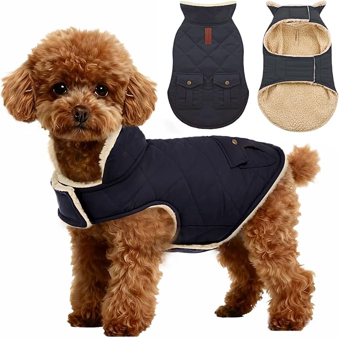 ASENKU Warm Dog Winter Coat, Waterproof Dog Coat for Cold Weather, Fleece Dogs Jacket with Ultra Thick Plush Lining Leash Hole Storage Pockets for Medium Dogs (Navy Blue, Medium)