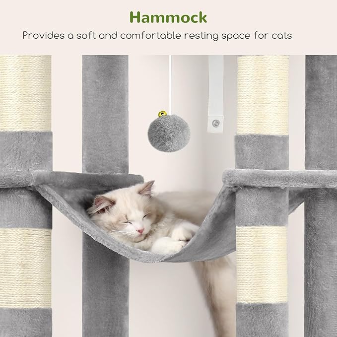Globlazer XXL Giant Cat Tree, 83 Inch Heavy Duty Tall Cat Tower for Indoor Cats Large Adult, Multi-Level Large Cat Condo with 8 Scratching Posts, Hammock, 2 Cat Caves, 2 Platform, F83B, Light Grey