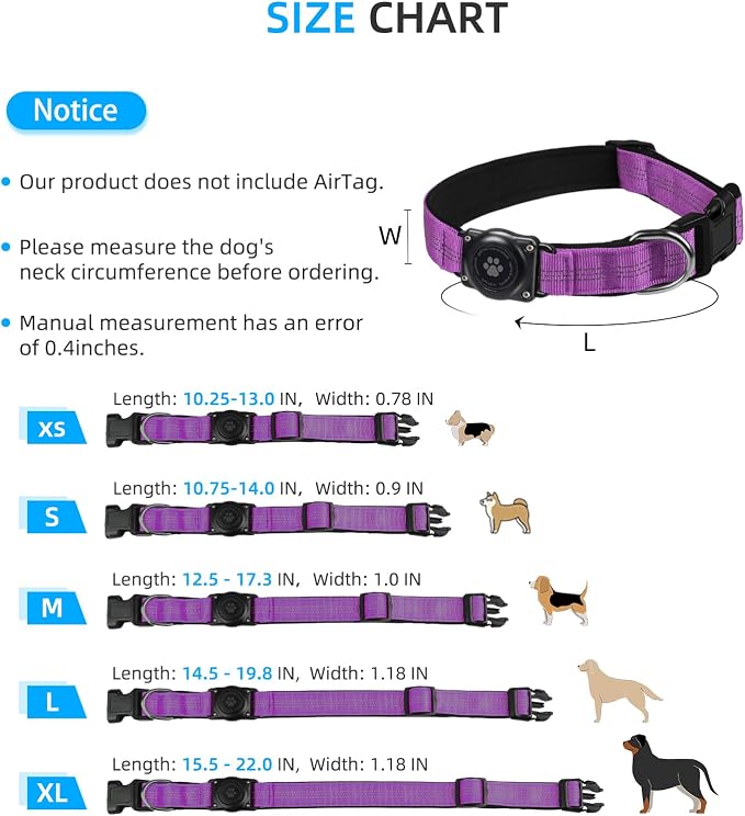 Upgrade Dog Collar with AirTag Holder, IP68 Waterproof, Purple, XL | Built-in Water Resistant AirTag holder, 1000D Nylon, Reflective Stitching for Night Visibility, Soft padding for Comfort