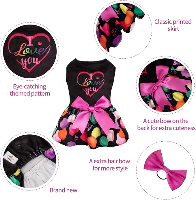CuteBone I Love U Dress Velvet for Small Dogs Girl Puppy Dresses Black Dog Clothes CVA11XXS-D
