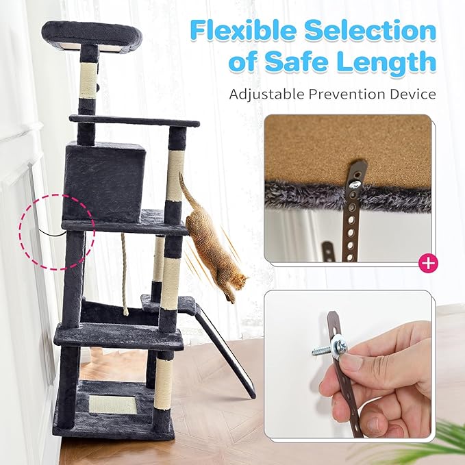 ABCPET Cat Tree Tower 63in Multi-Level Cat Tower for Indoor Cats with Sisal Scratching Posts, Condo, Hammock, Dangling Ball and Extended Platform for Cats to Play, Pink