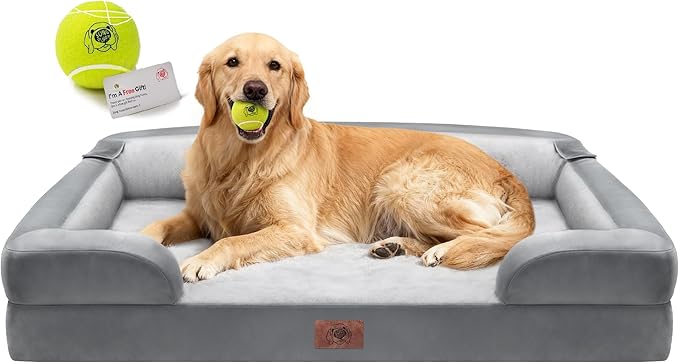 Extra Large Dog Bed, Orthopedic XL Washable Memory Foam Bed for Big Dogs Waterproof Pet Couch Sofa Bolster with Removable Cover, Non-Slip Bottom, Tennis Ball Toy, 42x30