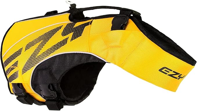 EzyDog DFD X2 Dog Life Jacket - Adjustable Swimming Safety Life Vest Preserver with Continuous Neck Flotation, Reflective Trim, & Grab Handle (XL, Yellow)