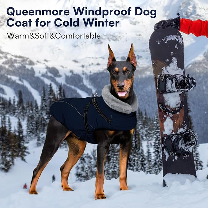 Queenmore Large Dog Jackets,Dog Coats for Extra Large Dogs with Harness Built in,Reflective Waterproof Dogs Jackets with Fleece Lining,Warm Snowsuit Pet Coats for German Shepherd,NavyBlue,XXXL