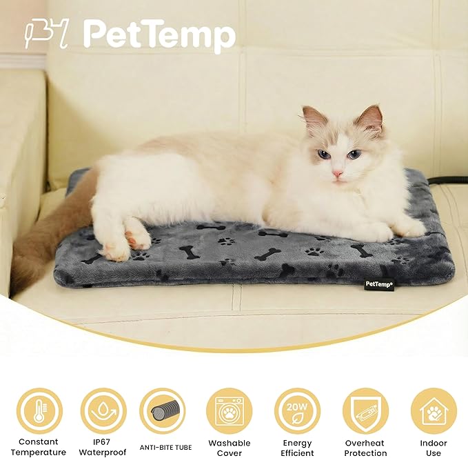 PetTemp Pet Heating Pad for Cats Dogs Indoor & Sheltered Outdoor Waterproof Heated Cat Bed Heated Dog Bed Chew Resistant Cord Constant Temperature Gray Paw Print 16 x 13 Inch
