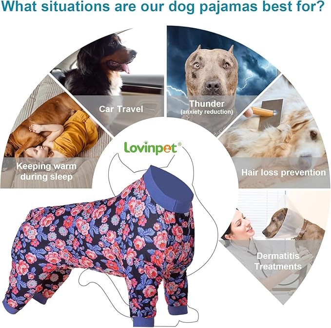 LovinPet Doggie Pjs For Large Dogs, Anti Licking Pj'S,Wound Care Post-Surgery Dogs Pajamas,Lightweight Skin-Friendly Fabric,Navy And Hot Pink Rose Garden Print,Large Dog Pjs or Camping,Travel,Home,2Xl